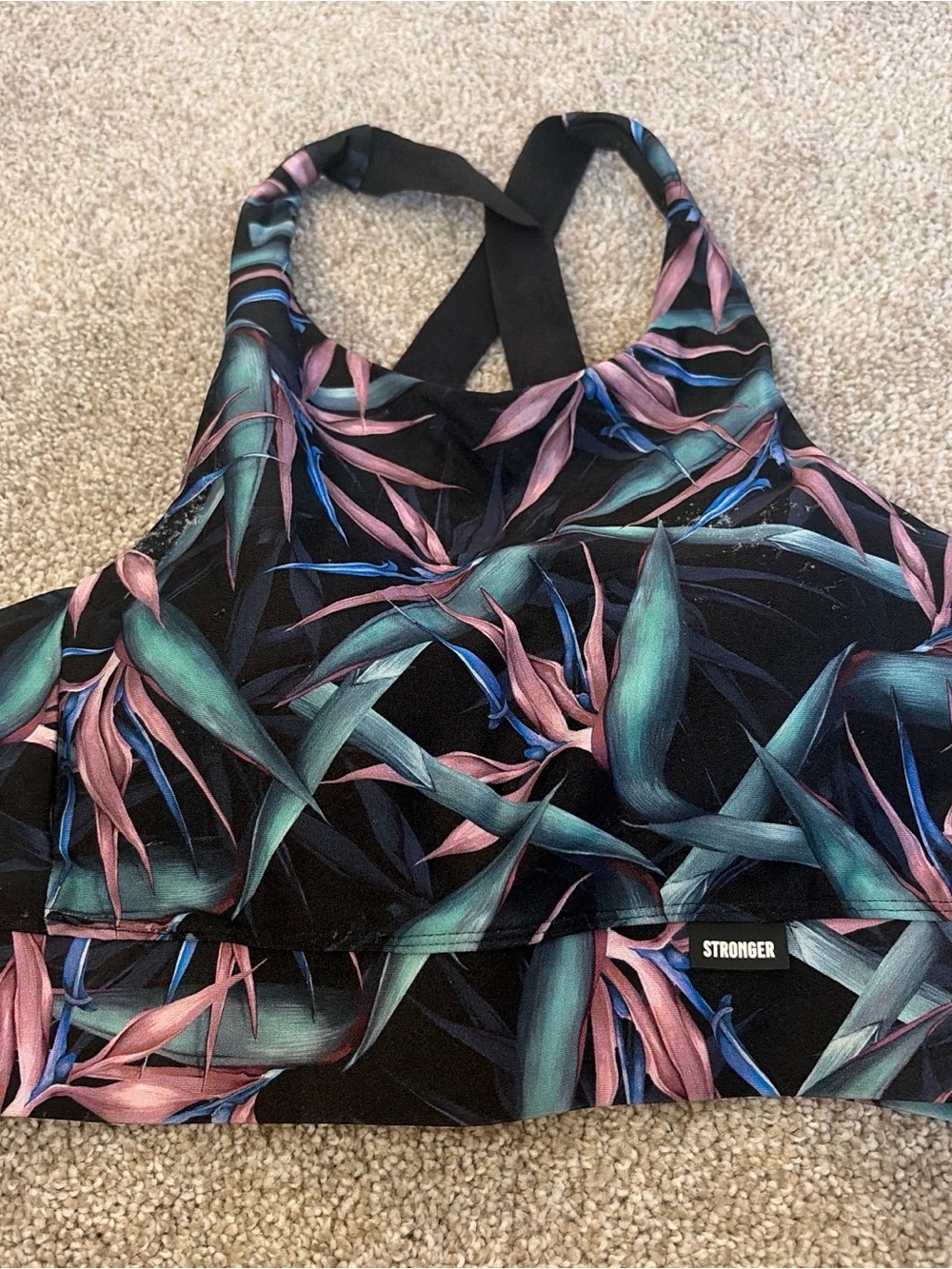 Stronger Floral Print Sports Bra - Black with Teal & Pink